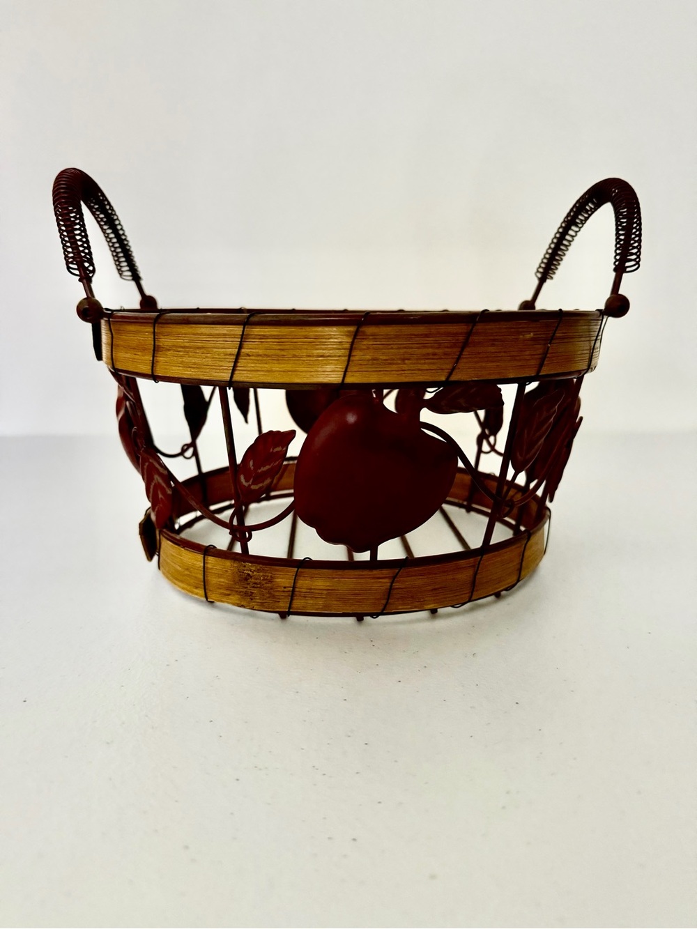 Vintage Rustic Metal Wicker Basket Red Apple, Leaves, Coiled Wire Handles